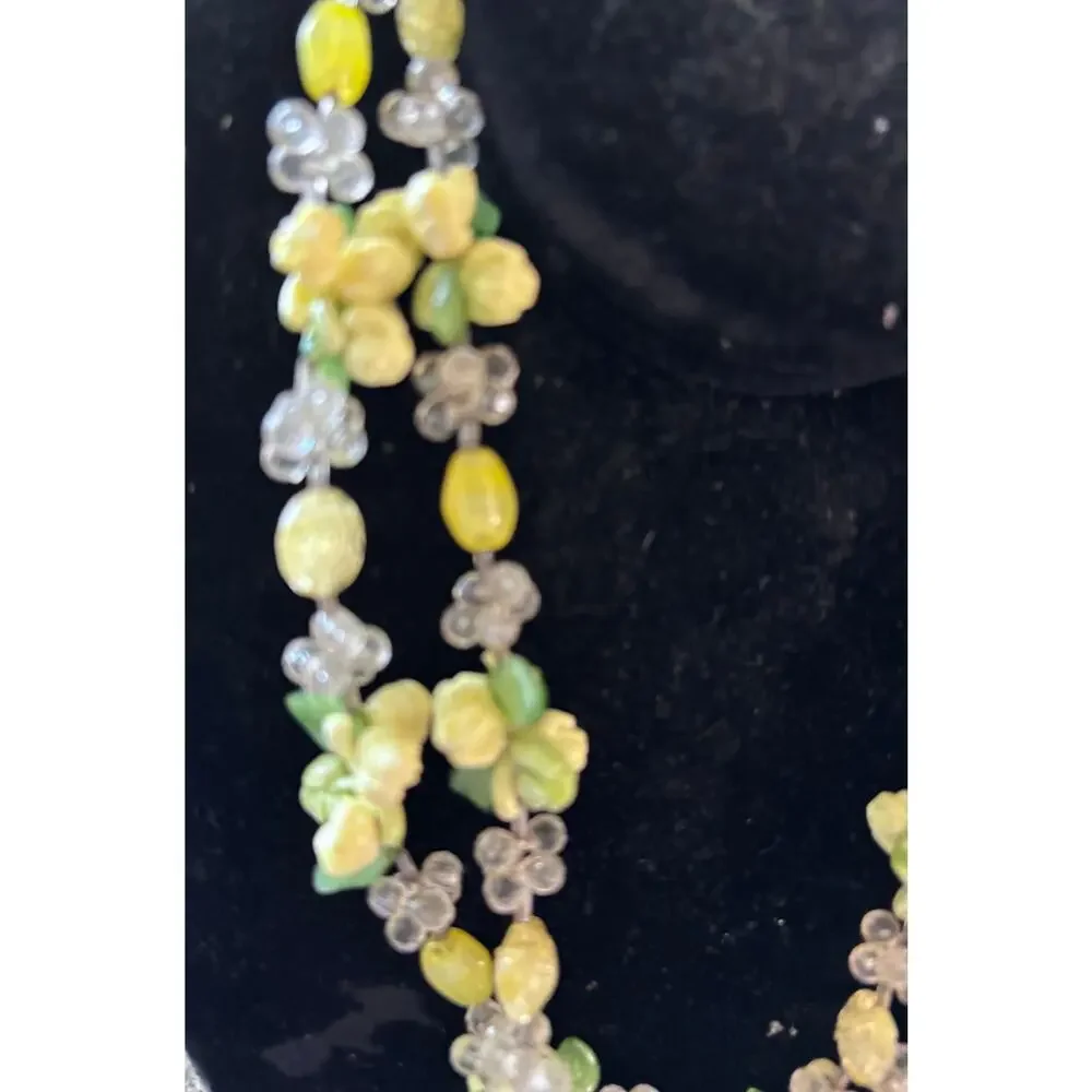 Vintage Multi Strand Floral Fruit Salad Necklace Green Yellow MCM Retro 20